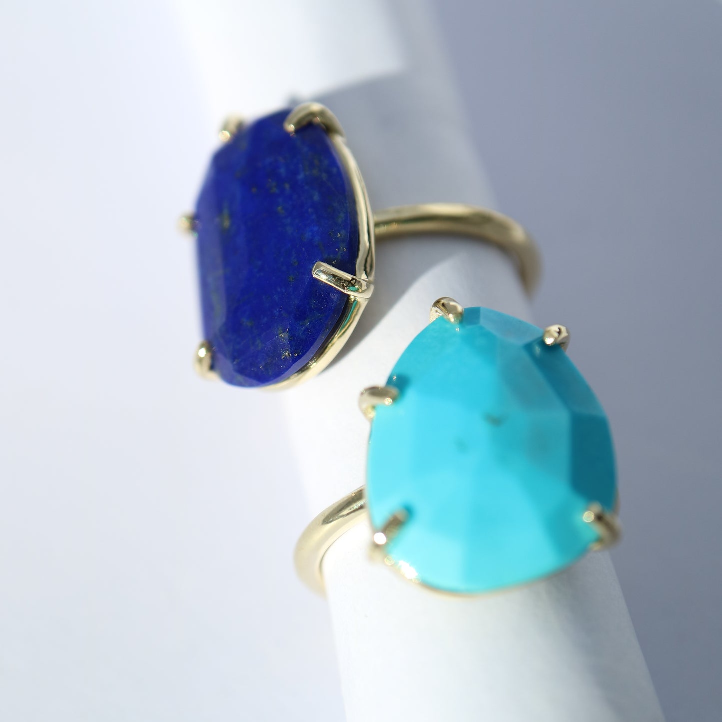 9kt gold Azure Rings with asymmetrical gemstones lapis lazuli, turquoise, chrysoprase