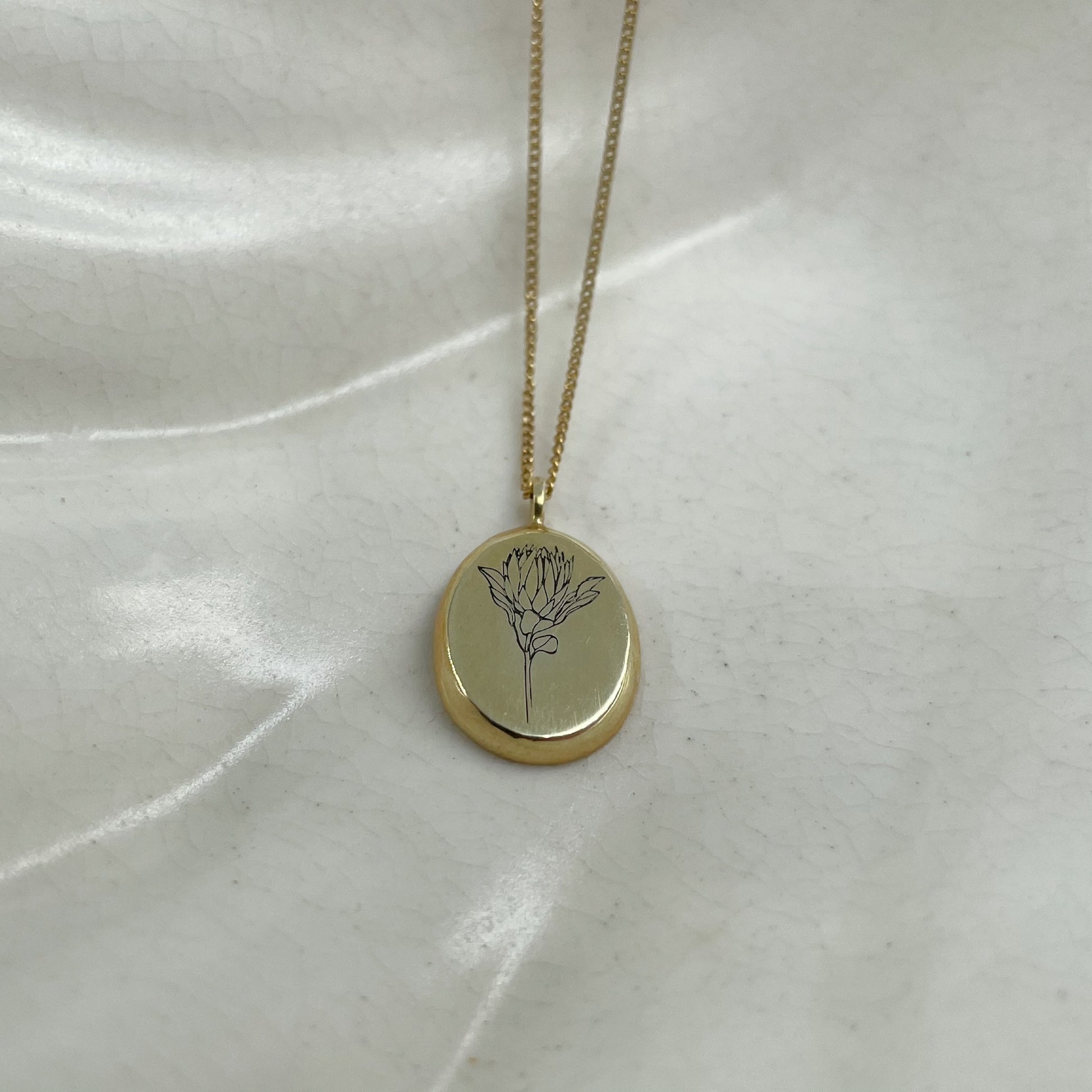9ct gold Oval Protea Necklace from Meraki Jewellery Design