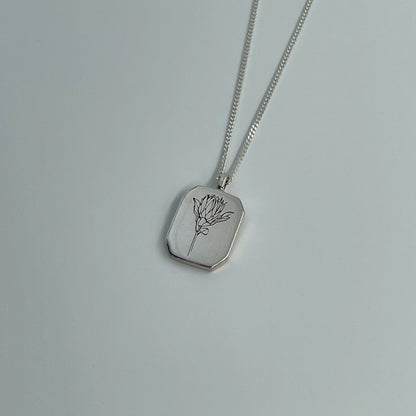 Silver Rectangle Protea pendant on white
