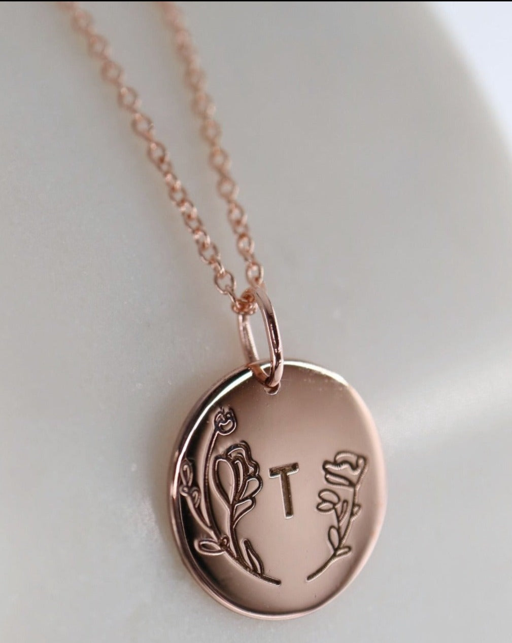 Rose Gold Initial Disc Pendant with engraving
