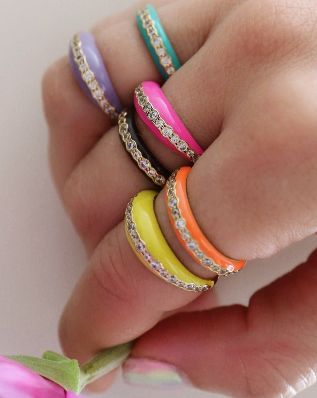 Colourful enamel rings from Kini Jewels