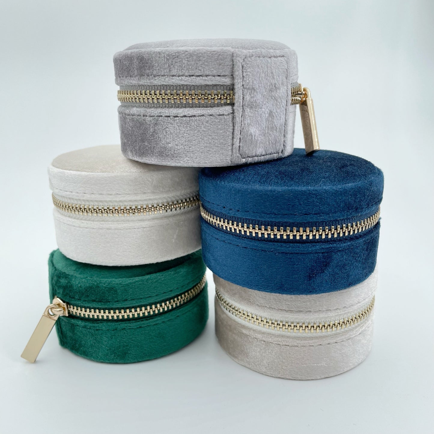 Stacked velvet jewellery travel cases