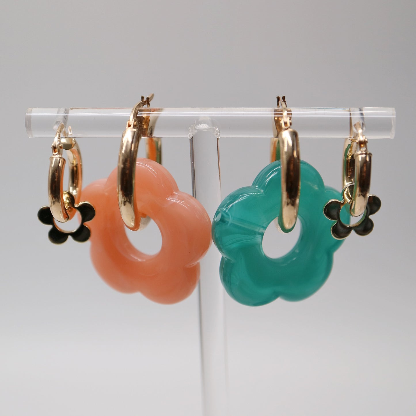 Flower Power Acrylic Charms on 9kt gold hoop earrings