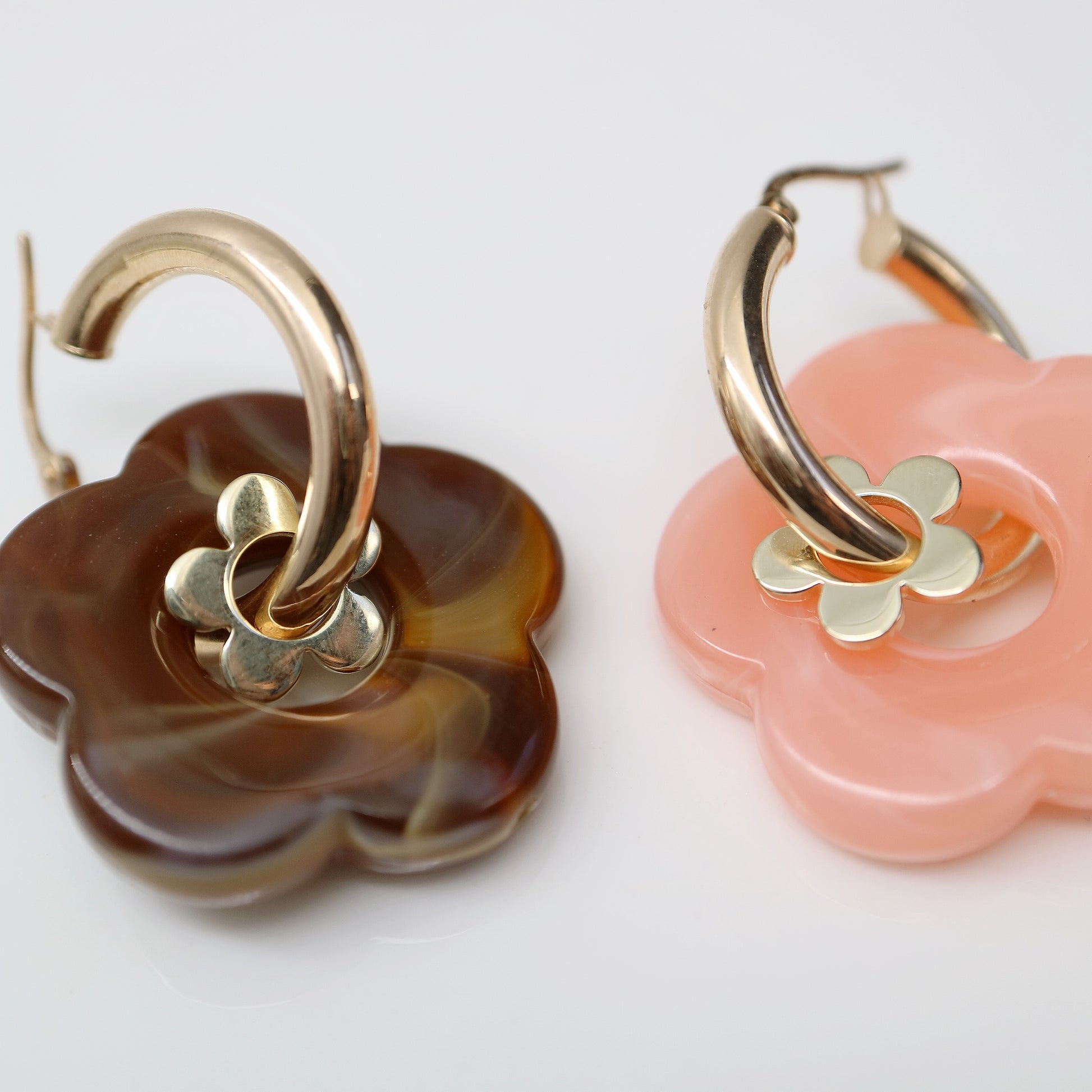 Flower Power Acrylic Charms on 9kt yellow gold hoop earrings